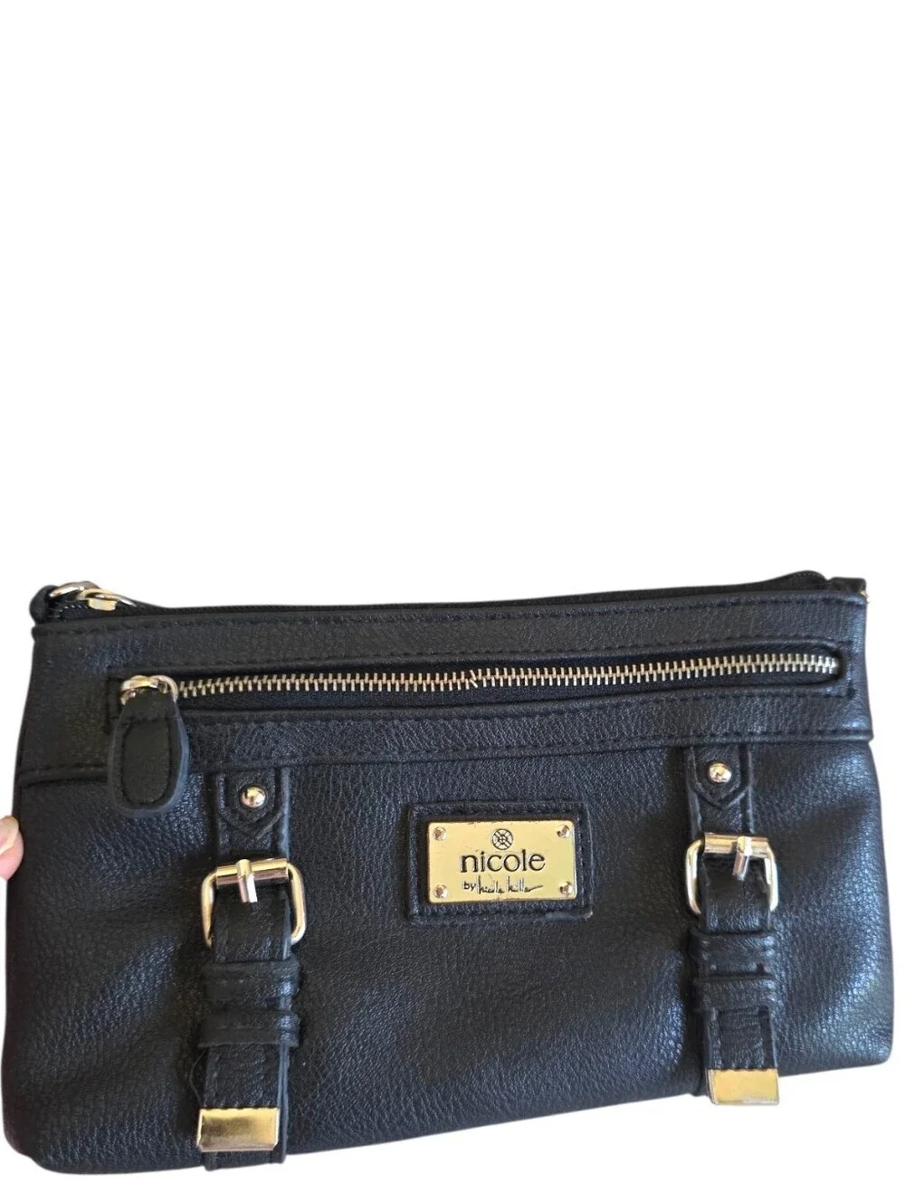 Nicole by Nicole Miller Black Mini Shoulder Bag Y2K Moto Buckle Wristlet
